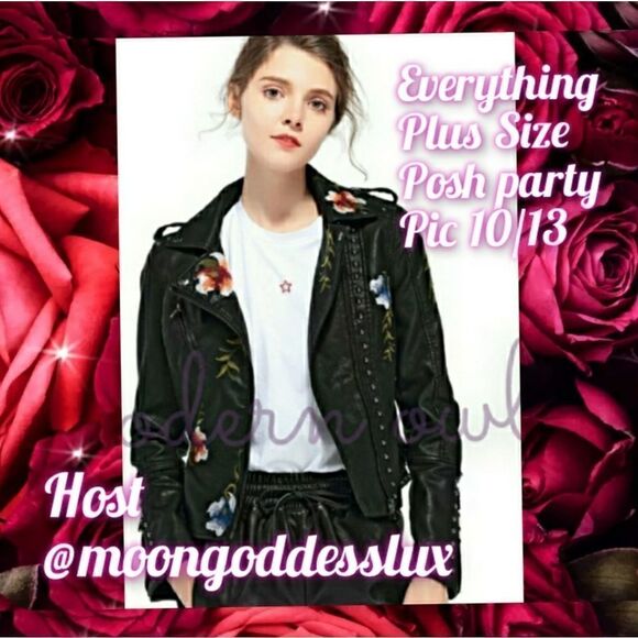 Leather Floral/accented Faux leather Moto Jacket sz L 8-10 XXL 14-16 - Picture 2 of 16